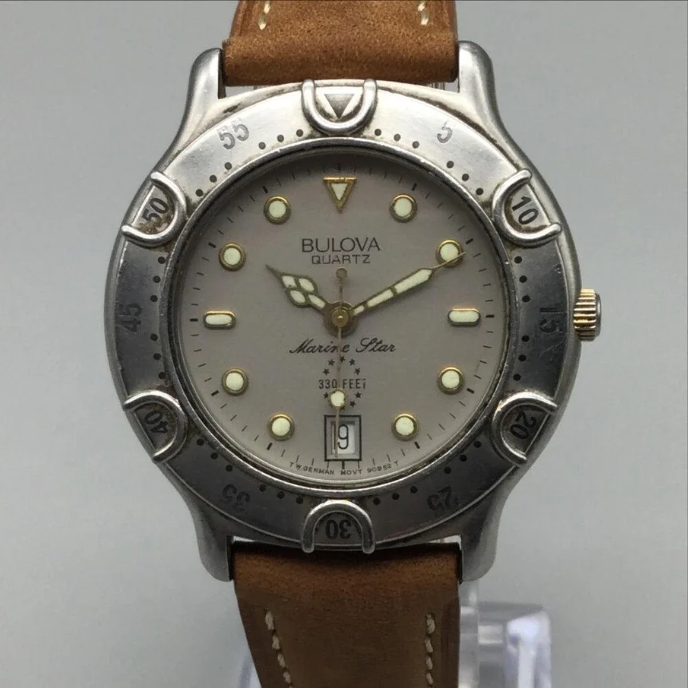 Vintage Bulova Marine Star Mens Diver Watch 36mm Silver Tone Leather New Battery